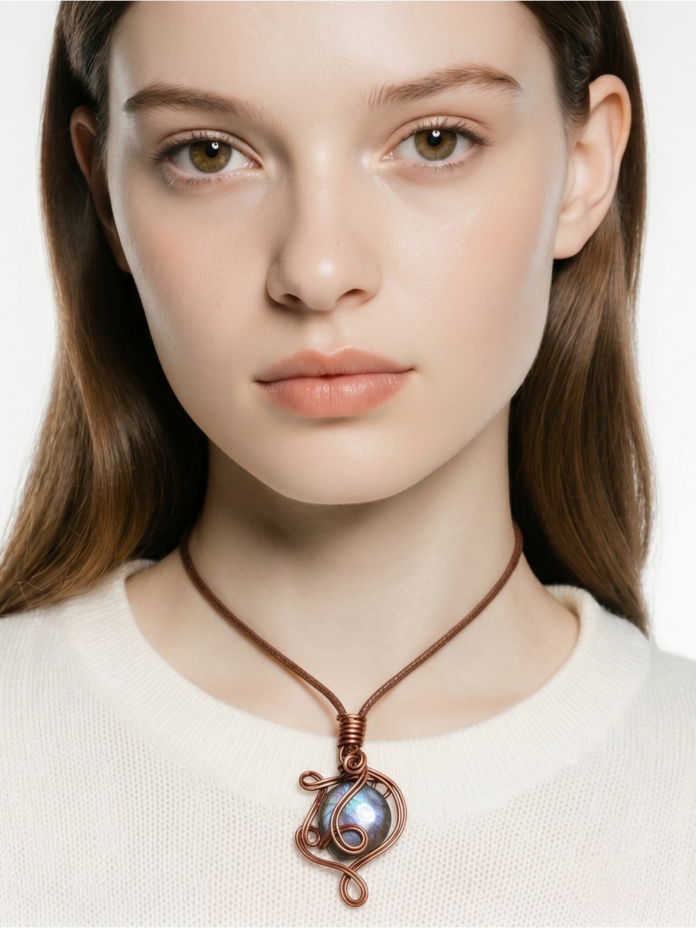 Handmade Copper Wire Necklace with Labradorite Pendant - Brown☑️